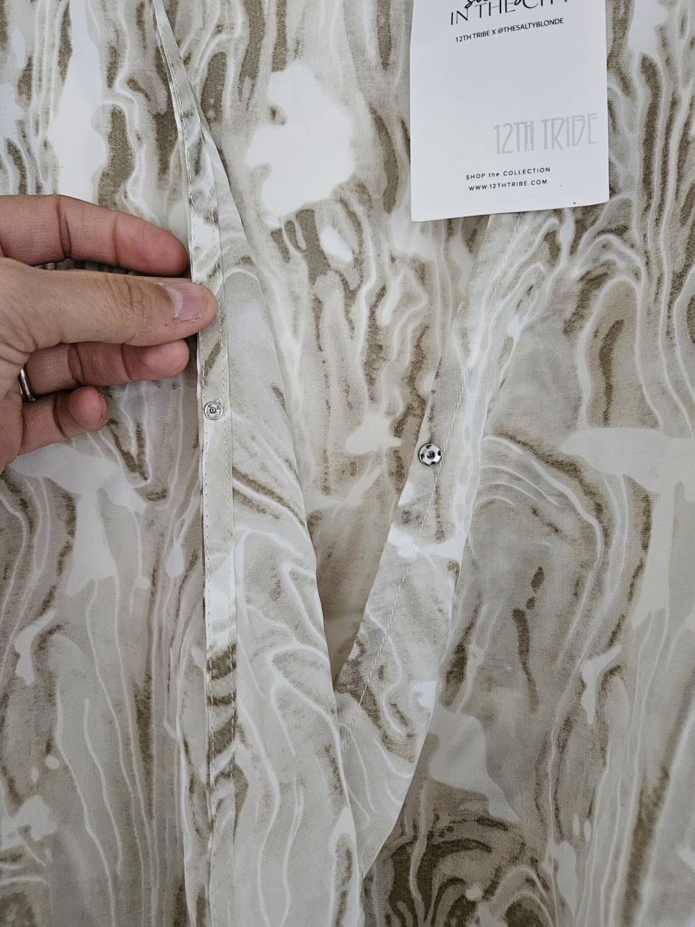 12th Tribe X The Salty Blonde Marble-Print Semi-Sheer Blouse in Beige - Picture 4 of 5